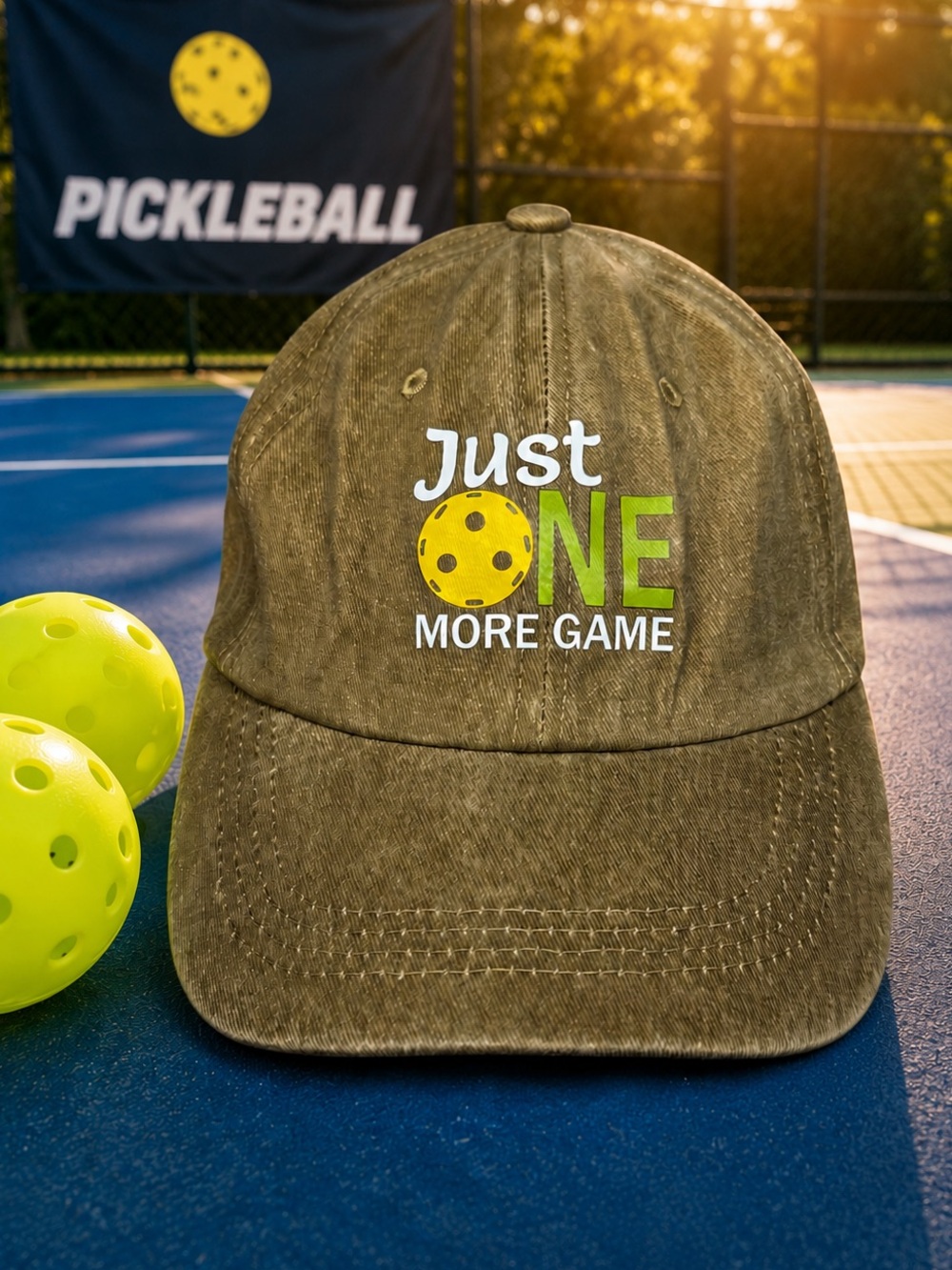 NWOT Just One More Game Pickleball Baseball Khaki Brown Green Yellow Hat Cap